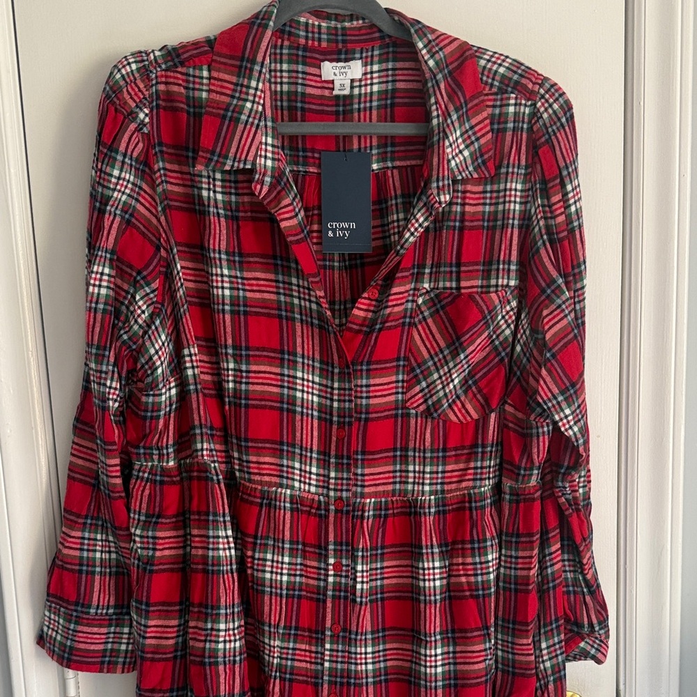 crown & ivy Red Plaid Button-Front Tunic with Chest Pocket
